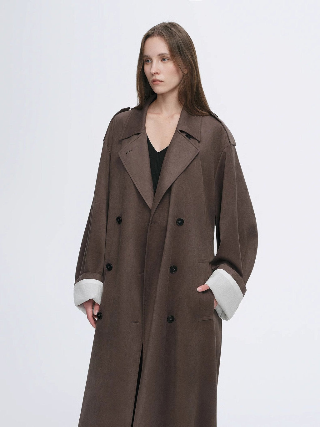 Micro-Velvet Long Trench Coat