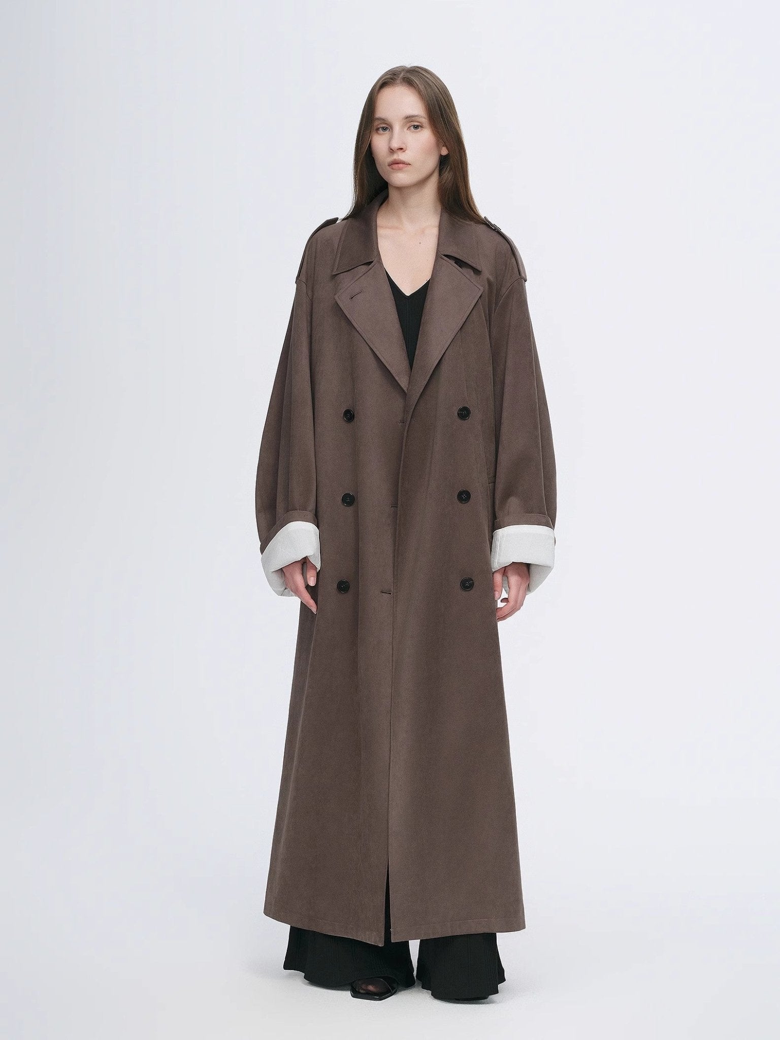 Micro-Velvet Long Trench Coat