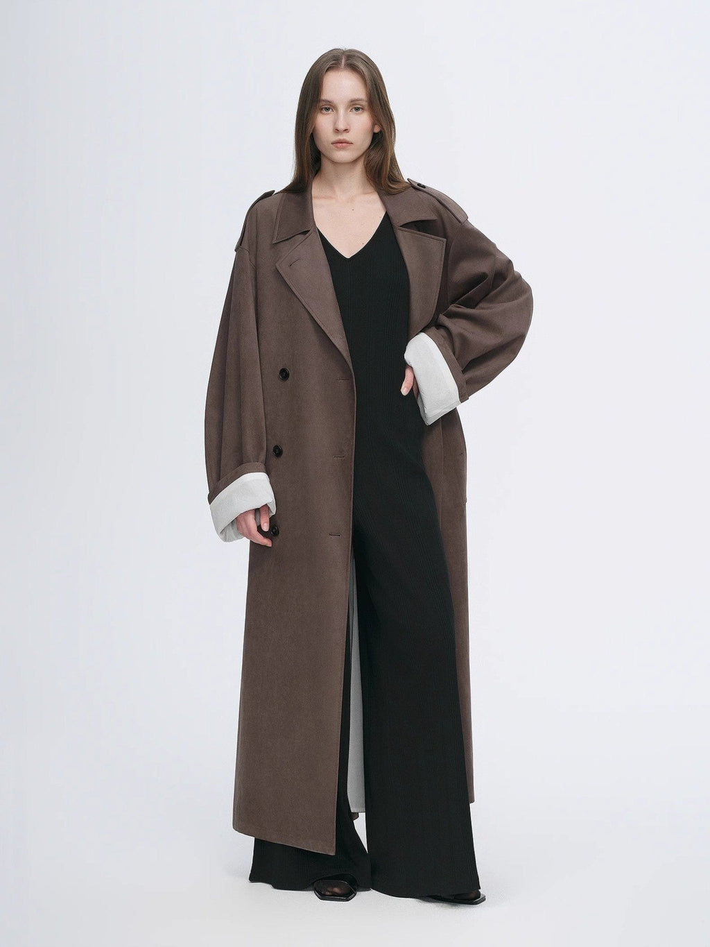 Micro-Velvet Long Trench Coat