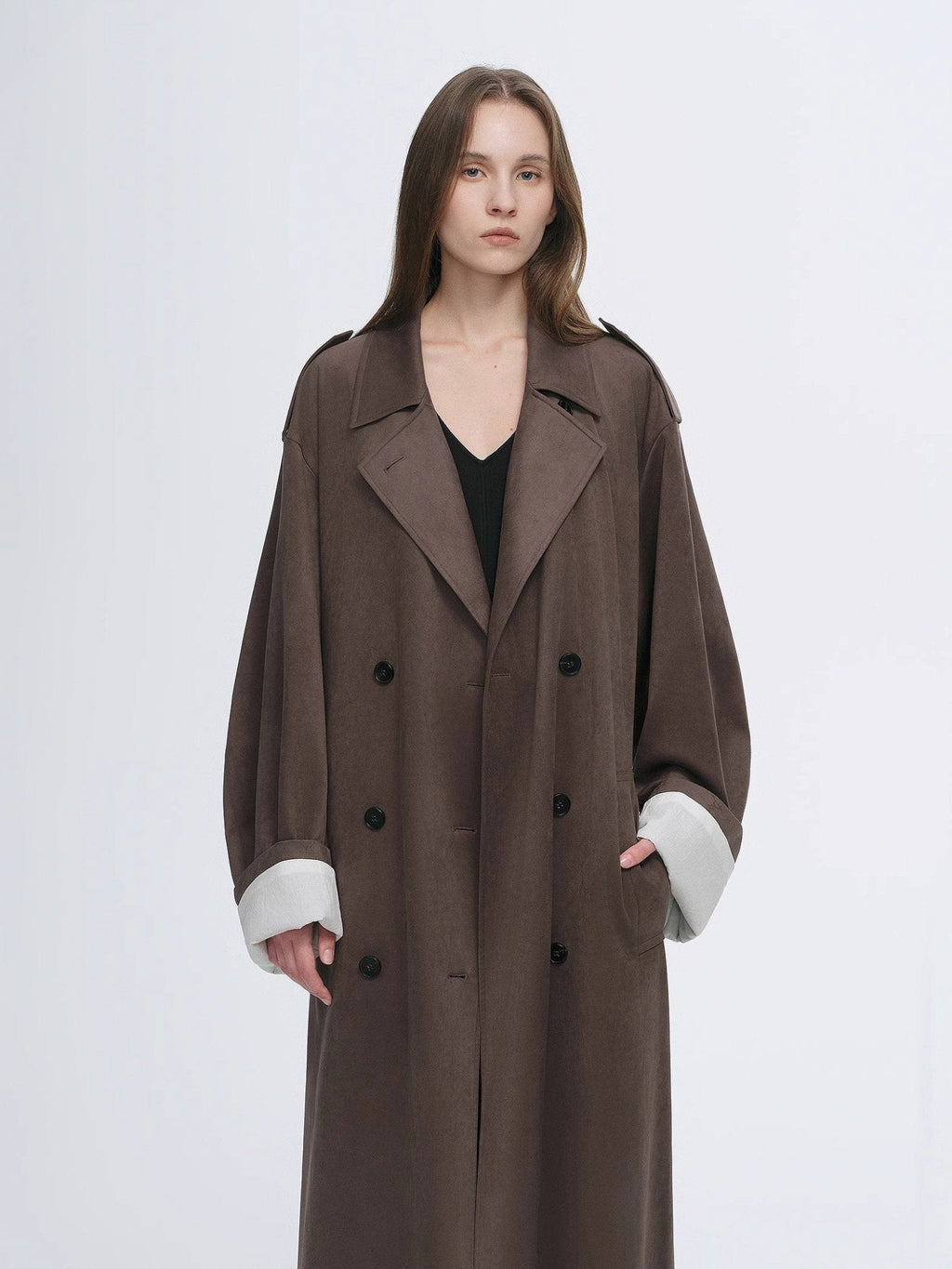 Micro-Velvet Long Trench Coat