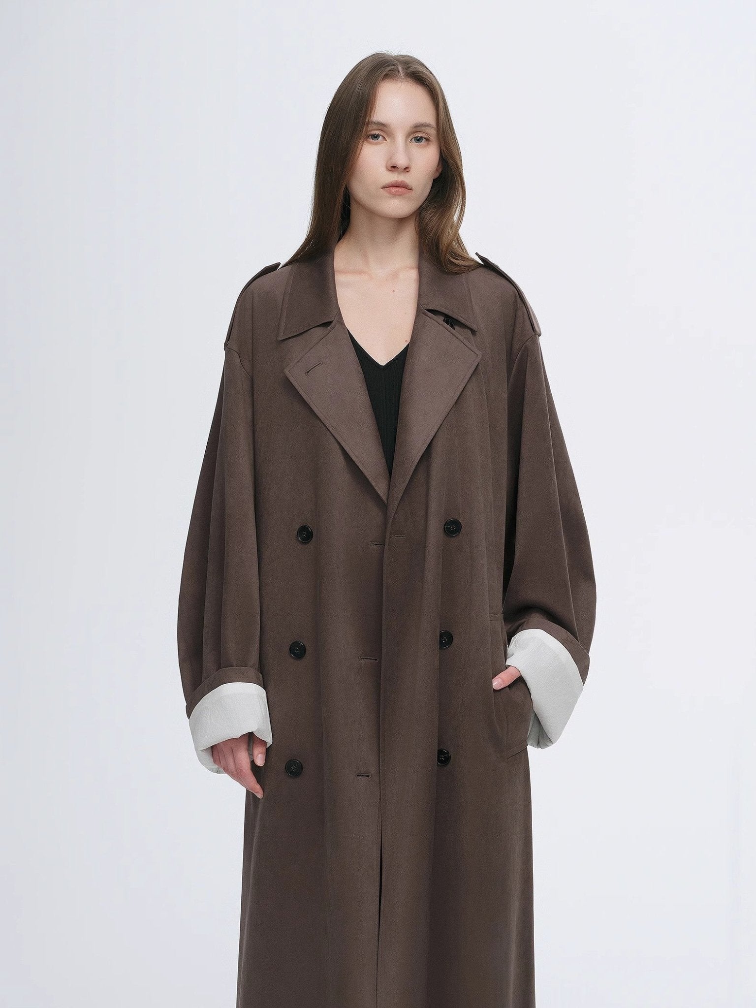Micro-Velvet Long Trench Coat