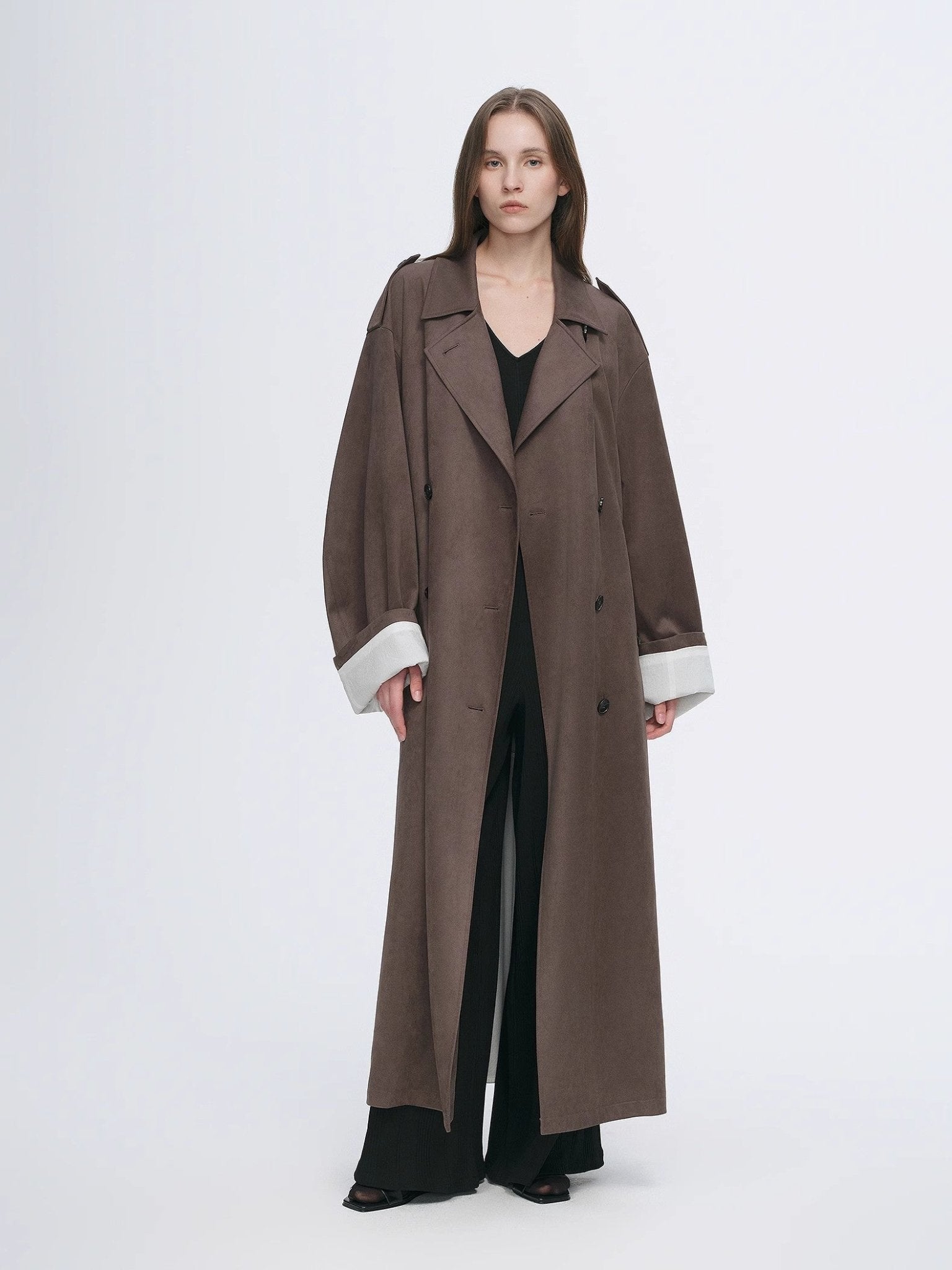 Micro-Velvet Long Trench Coat